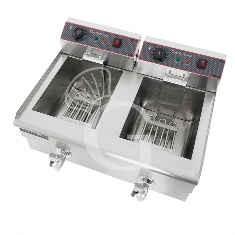 Friggitrice elettrica da banco con 2 vasche capacità 13+13 LT, 4+4 KW, Monofase con rubinetto