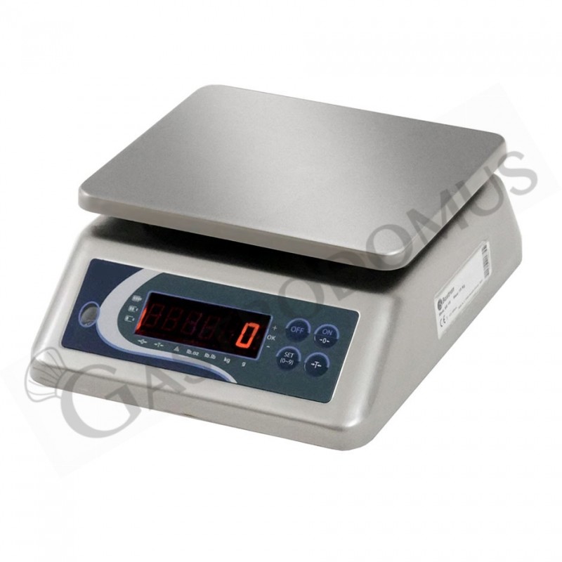 Bilancia controllo peso doppio display portata 6 Kg precisione 0,5 g L 290 mm x P 240 mm x H 110 mm. Vista lato operatore.