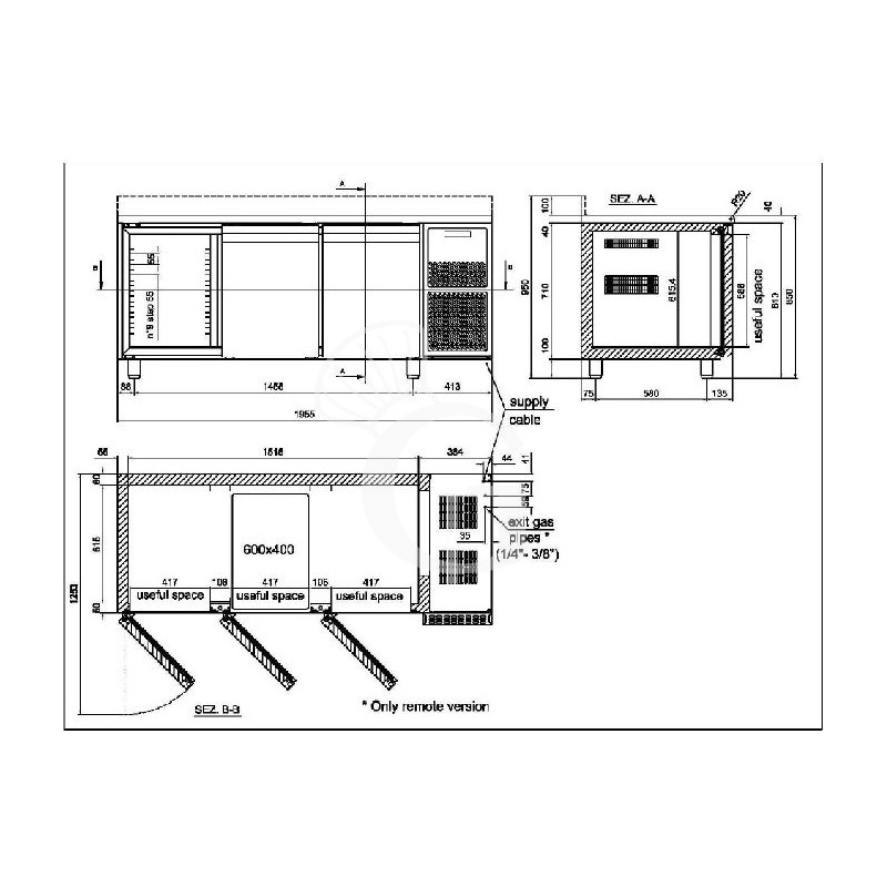 Tavolo refrigerato 3 porte Prof. 800 mm 0°C/+10°C motore a sinistra