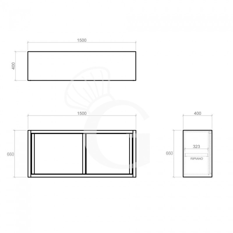 Pensile acciaio inox con sgocciolatoio,1 ripiano forato,porte scorrevoli L 1500 x P 400 x H 660 mm