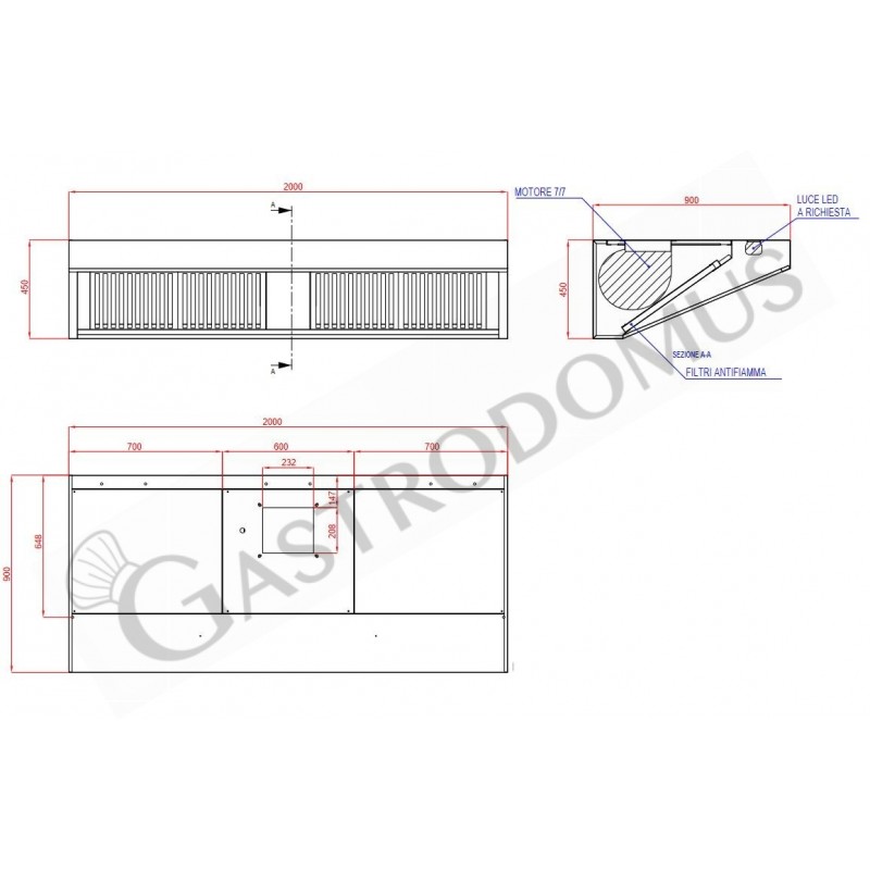 Cappa Snack a parete con motore L2000xP900xH450mm