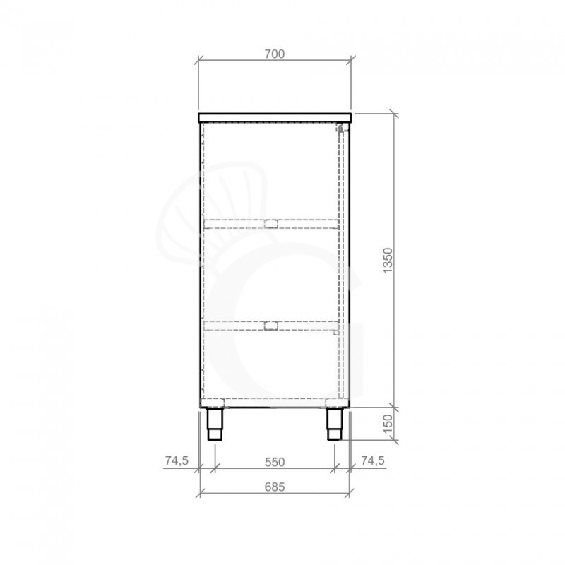 Armadio acciaio inox con 2 porte scorrevoli, 2 ripiani, L 1300 x P 700 x H 1500 mm