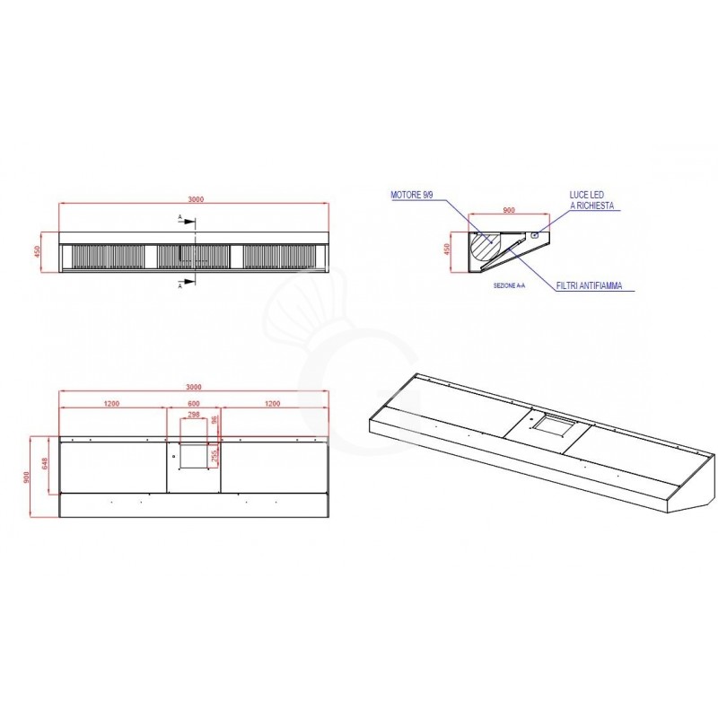 Cappa Snack a parete con motore L 3000xP900xH450mm