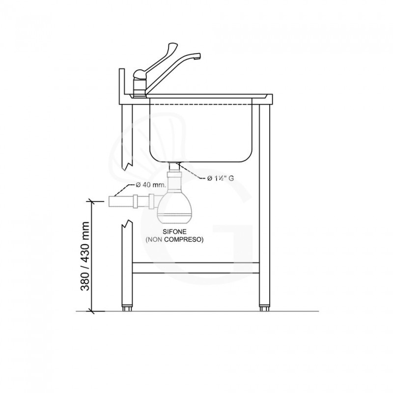 Lavello con vano lavastoviglie, gocciolatoio a sinistra, 1 vasca, L 1400 x P 600 x H 965 mm -con foro rubinetto Ø 32 mm
