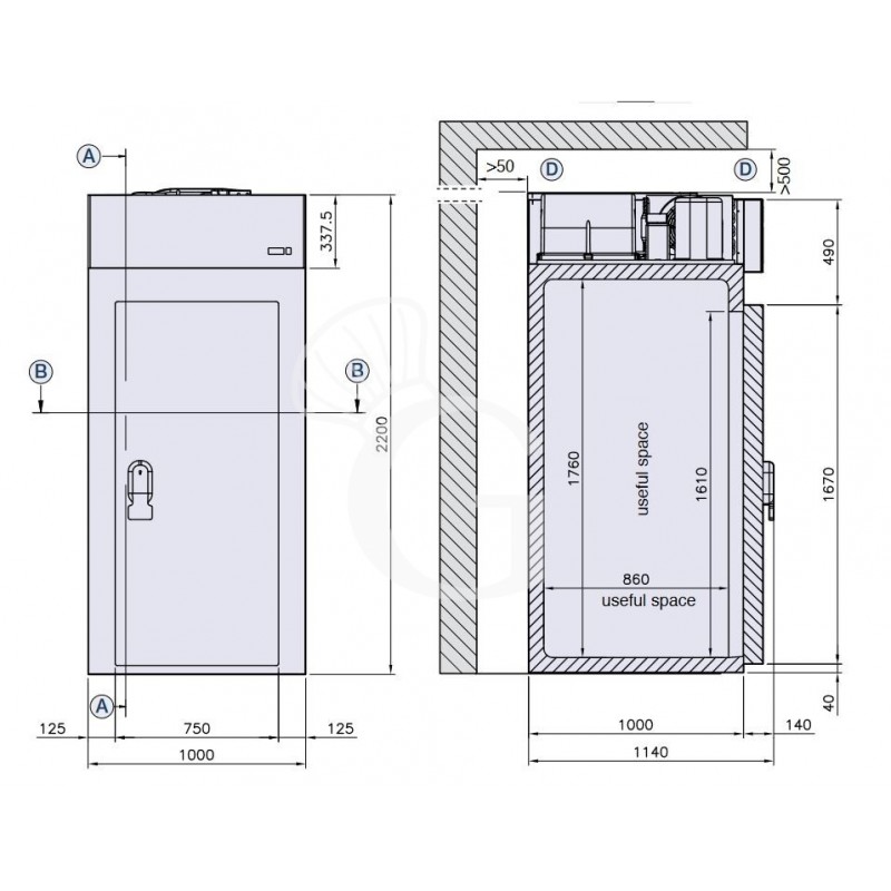 Minicella refrigerazione ventilata con temperatura -18°C/-22°C in lamiera INOX AISI304 Classe energetica C