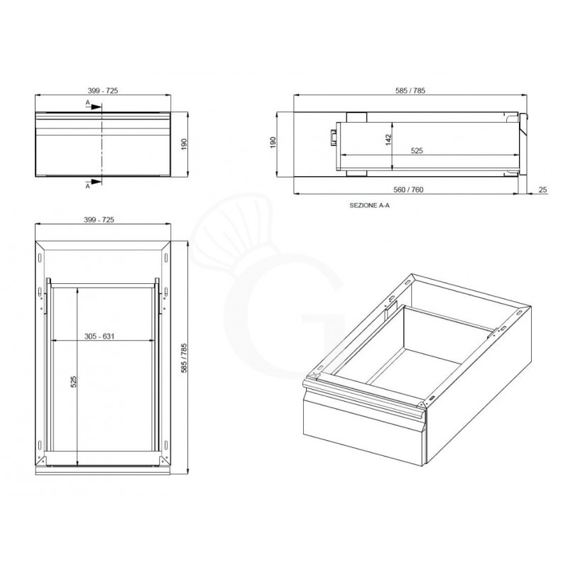 Tavolo inox 3 cassetti alzatina L 1400 mm x P 700 mm x H 950 mm