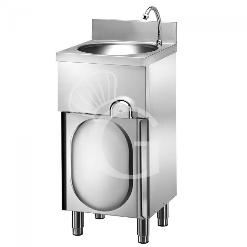 Lavamani a ginocchio in acciaio inox su mobile con porta a battente Lavamani a ginocchio in acciaio inox su mobile con porta a battente