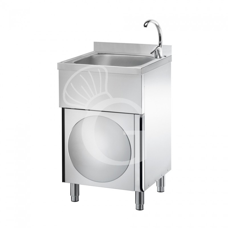 Lavamani per cucina in acciaio inox su mobile con porta battente e miscelatore per acqua calda e fredda Lavamani per cucina in acciaio inox su mobile con porta battente e miscelatore per acqua calda e fredda