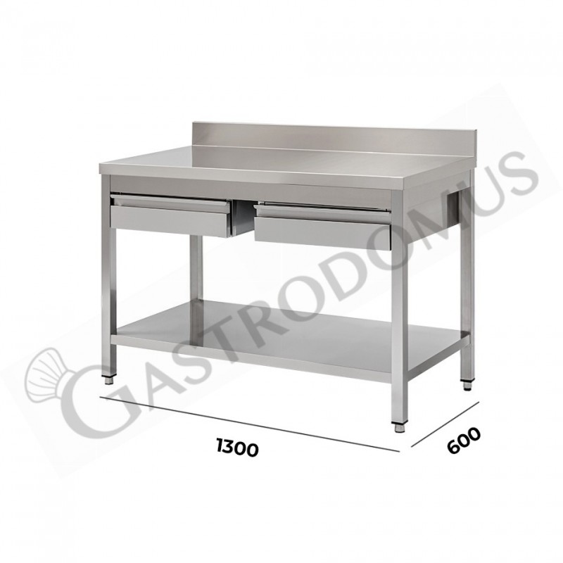 Tavolo semplice in acciaio inox con piano, alzatina, 2 cassetti e L 1300 mm x P 600 mm x H 950 mm