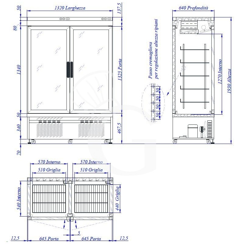 Espositore ventilato negativo per pasticceria - 3 lati vetro - capacità 875 LT