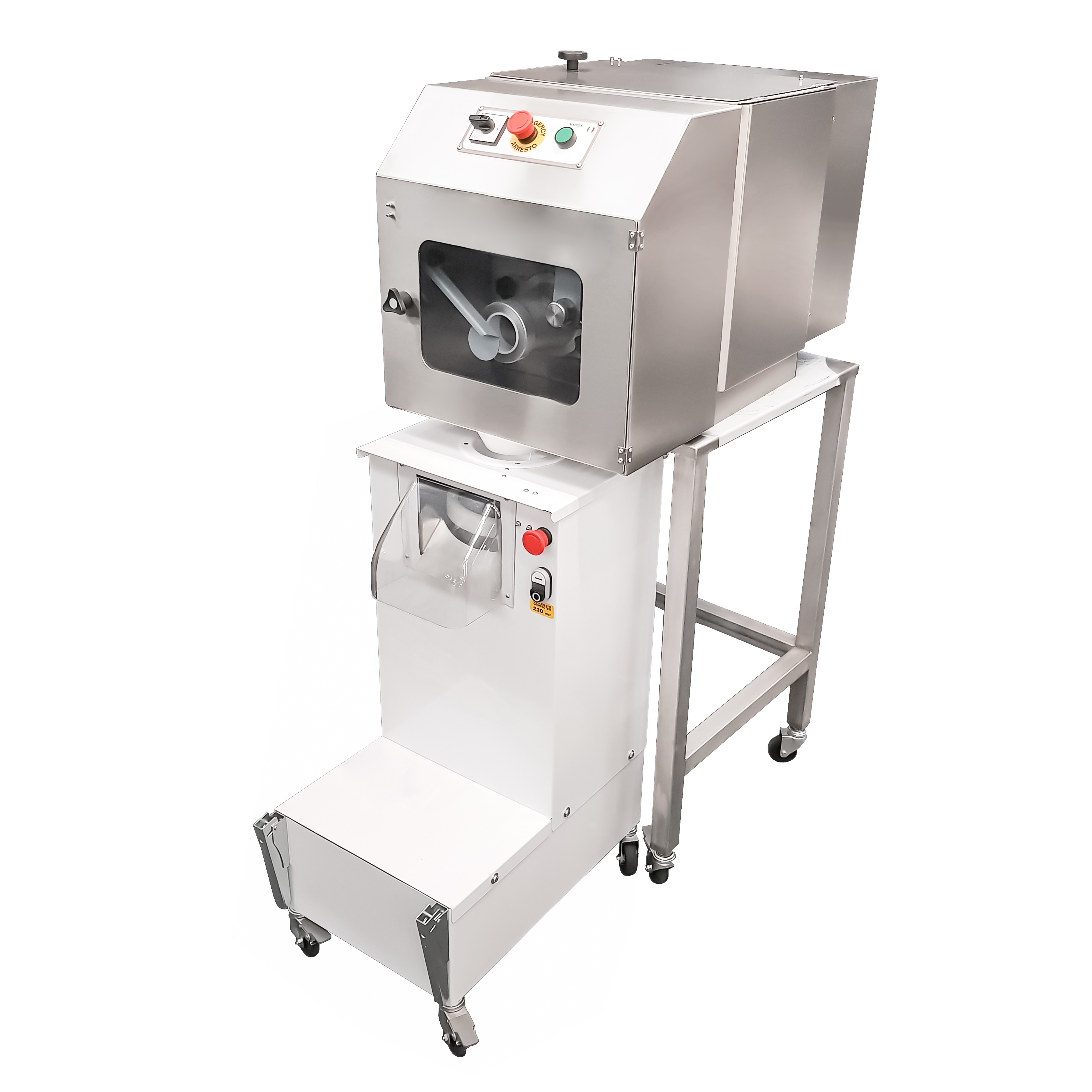 Arrotondatrice in acciaio verniciato e porzionatrice combinate con supporto in acciaio inox