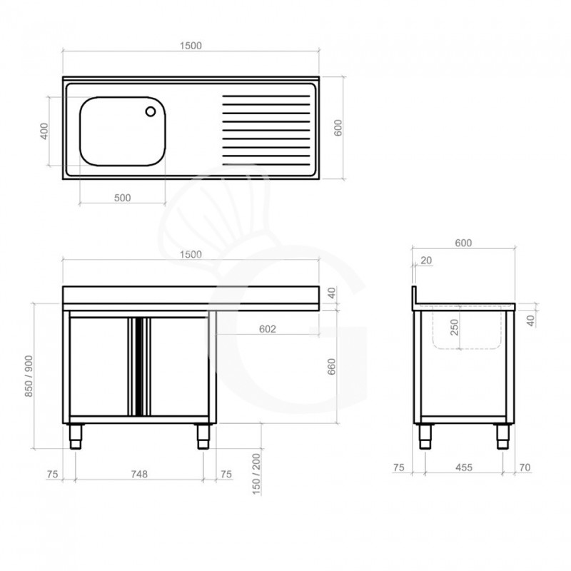 Lavello armadiato vano lavastoviglie,1 vasca,gocciolatoio sinistra,L1500xP600xH950mm