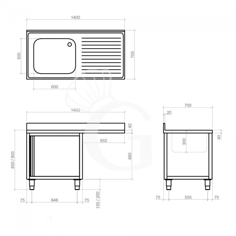 Lavello armadiato vano lavastoviglie,1 vasca,gocciolatoio destra,L1400xP700xH950mm