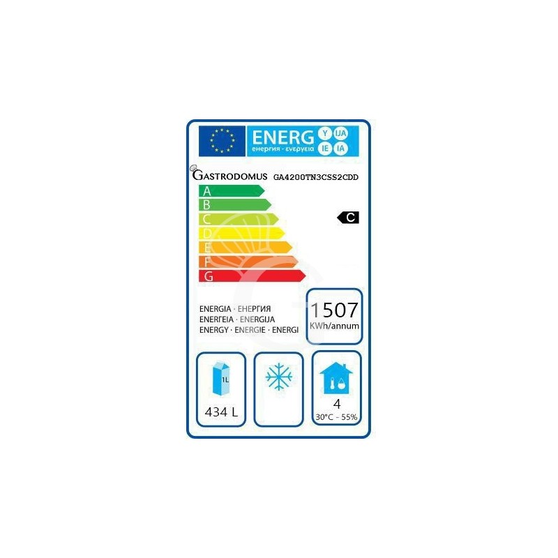 Scheda energetica tavolo refrigerato con 2 porte e 5 cassetti, alzatina, Prof.700 e temperatura -2°C/+8°C