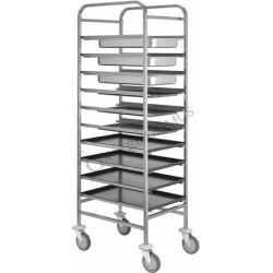 Carrello portavassoi in inox per 10 bacinelle GN1/1, teglie 600x400 mm, vassoi GN, L 680 mm x P 520 mm x H 1750 mm