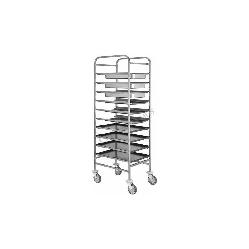 Carrello portavassoi in inox per 10 bacinelle GN1/1, teglie 600x400 mm, vassoi GN, L 680 mm x P 520 mm x H 1750 mm