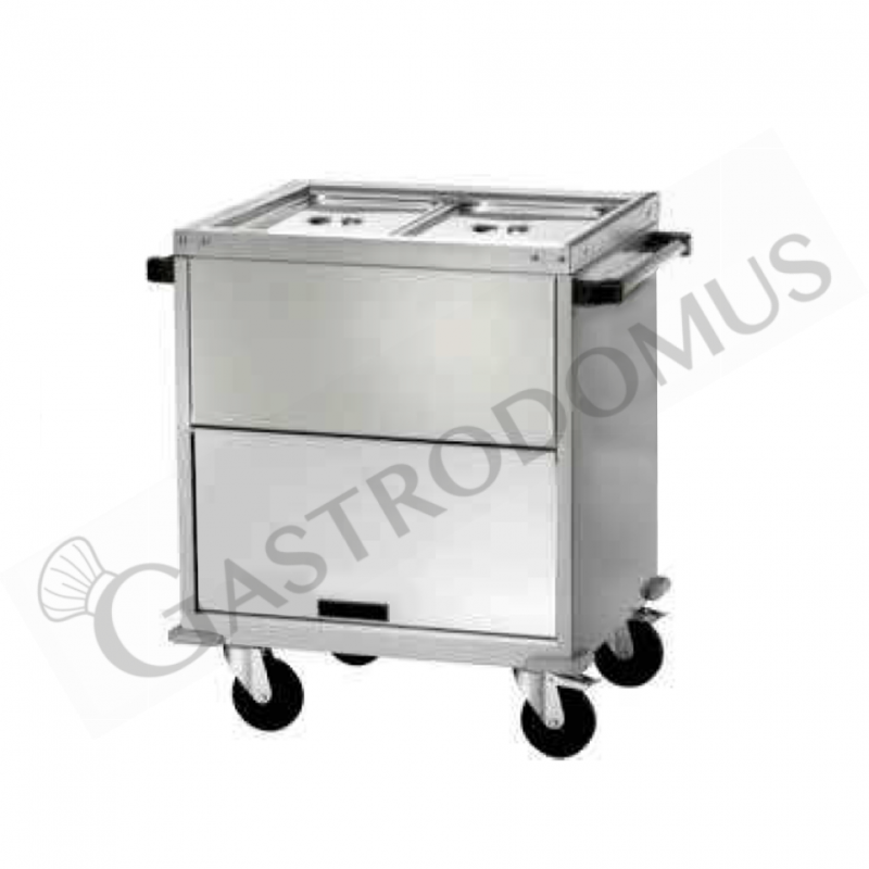 Carrello termico armadiato bagnomaria a temperatura differenziata per 2 bacinelle GN1/1 - L 960 mm x P 680 mm x H 920 mm Carrello termico armadiato bagnomaria a temperatura differenziata per 2 bacinelle GN1/1 - L 960 mm x P 680 mm x H 920 mm