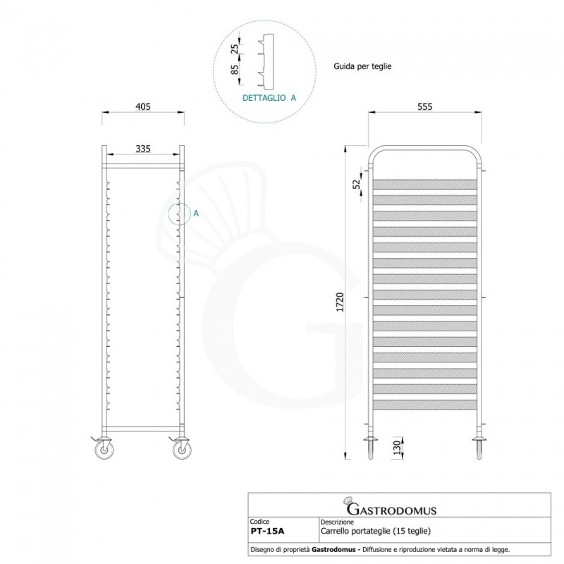 Carrello portateglie per 15 teglie GN1/1 - L 405 mm x P 555 mm x H 1720 mm - vista frontale e laterale