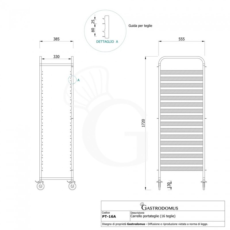 Carrello portateglie per 16 teglie GN1/1 - L 385 mm x P 555 mm x H 1720 mm - vista frontale e laterale