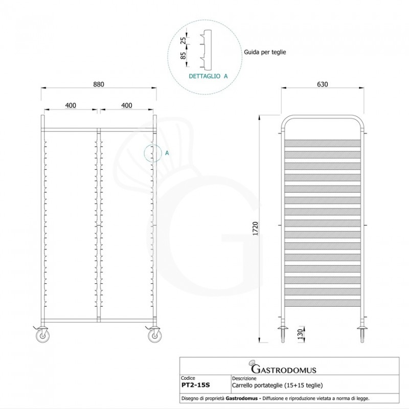 Carrello portateglie doppio per 15+15 teglie 600 mm x 400 mm - L 880 mm x P 630 mm x H 1720 mm - vista frontale e laterale