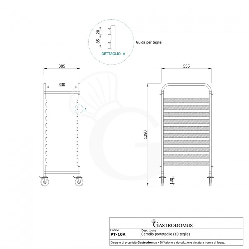 Carrello portateglie per 10 teglie GN1/1 - L 385 mm x P 555 mm x H 1290 mm - vista frontale e laterale