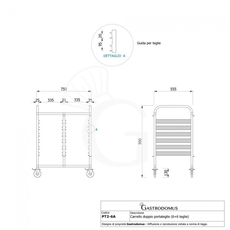 Carrello portateglie doppio per 6+6 teglie GN1/1 - L 750 mm x P 555 mm x H 990 mm - vista frontale e laterale