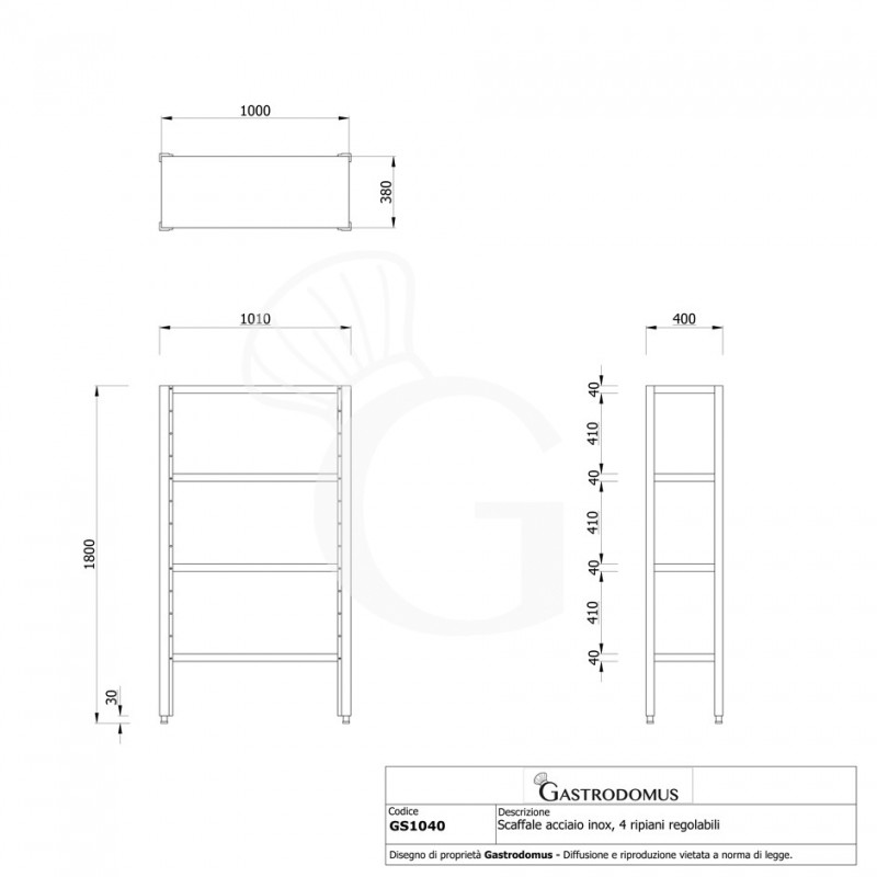 Scaffale Acciaio Inox 4 ripiani L 1010 mm x P 400 mm x H 1800 mm - vista frontale e laterale