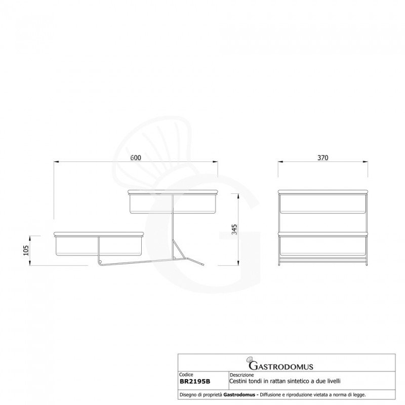 Cestini tondi in rattan sintetico a due livelli L 600 mm  x P 370 mm x H 105/345 mm - vista frontale e laterale
