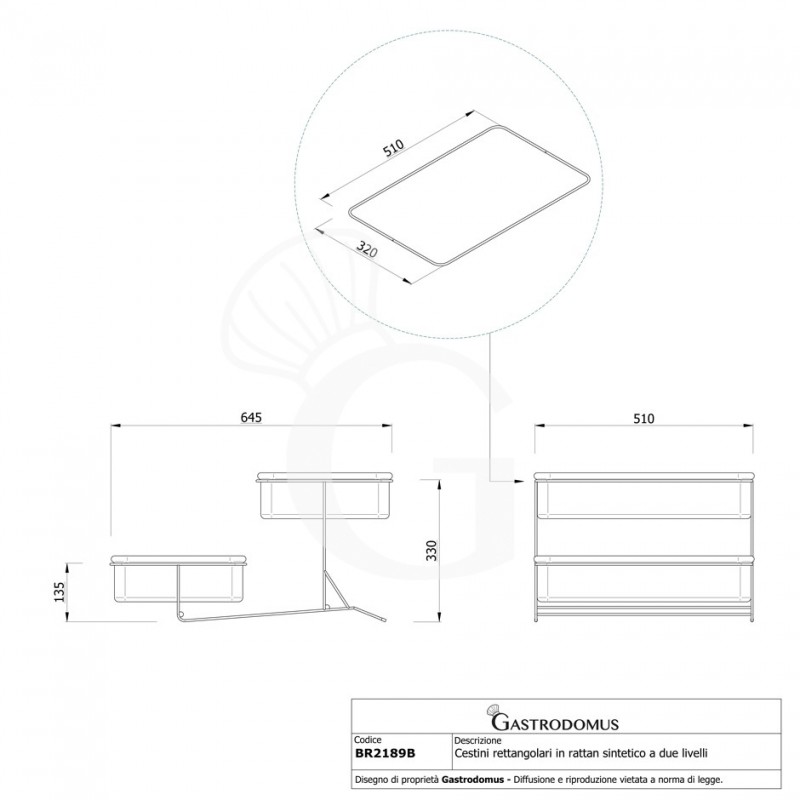 Cestini rettangolari in rattan sintetico a due livelli L 645 mm x P 500 mm x H 330/135 mm - vista frontale e laterale