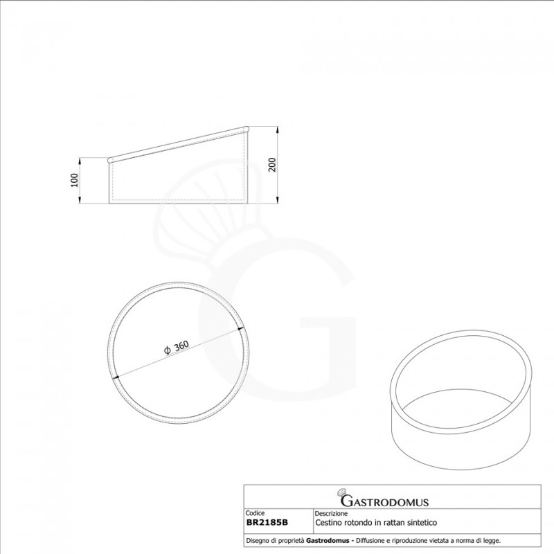 Cestino rotondo in rattan sintetico colore marrone - Ø 360 x H 100/200 mm - vista frontale e laterale