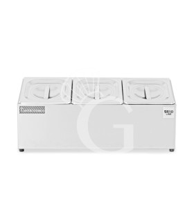 Espositore in acciaio inox predisposto per 3 bacinelle GN1/6 - dimensioni L 503 mm x P 220 mm x H 200 mm