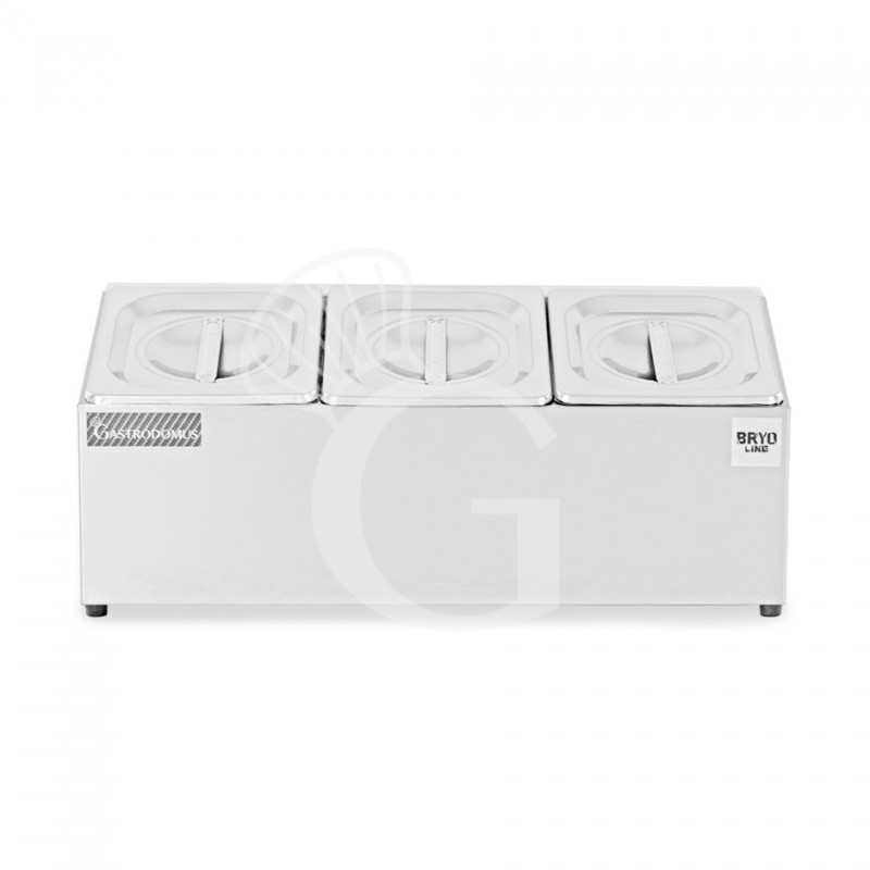 Espositore in acciaio inox predisposto per 3 bacinelle GN1/6 - dimensioni L 503 mm x P 220 mm x H 200 mm