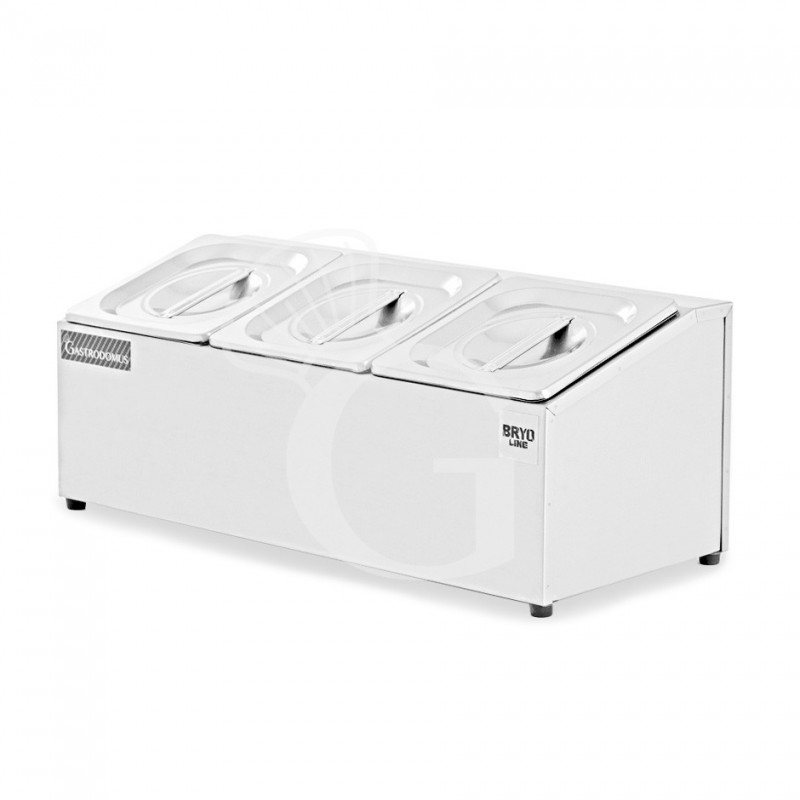 Espositore in acciaio inox predisposto per 3 bacinelle GN1/6 - dimensioni L 503 mm x P 220 mm x H 200 mm