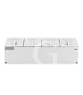 Espositore in acciaio inox predisposto per 4 bacinelle GN1/6 - dimensioni L 665 mm x P 225 mm x H 200 mm
