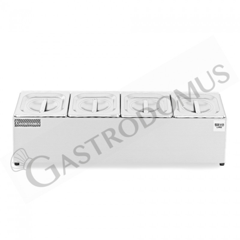 Espositore in acciaio inox predisposto per 4 bacinelle GN1/6 - dimensioni L 665 mm x P 225 mm x H 200 mm Espositore in acciaio inox predisposto per 4 bacinelle GN1/6 - dimensioni L 665 mm x P 225 mm x H 200 mm