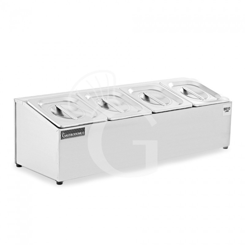Espositore in acciaio inox predisposto per 4 bacinelle GN1/6 - dimensioni L 665 mm x P 225 mm x H 200 mm