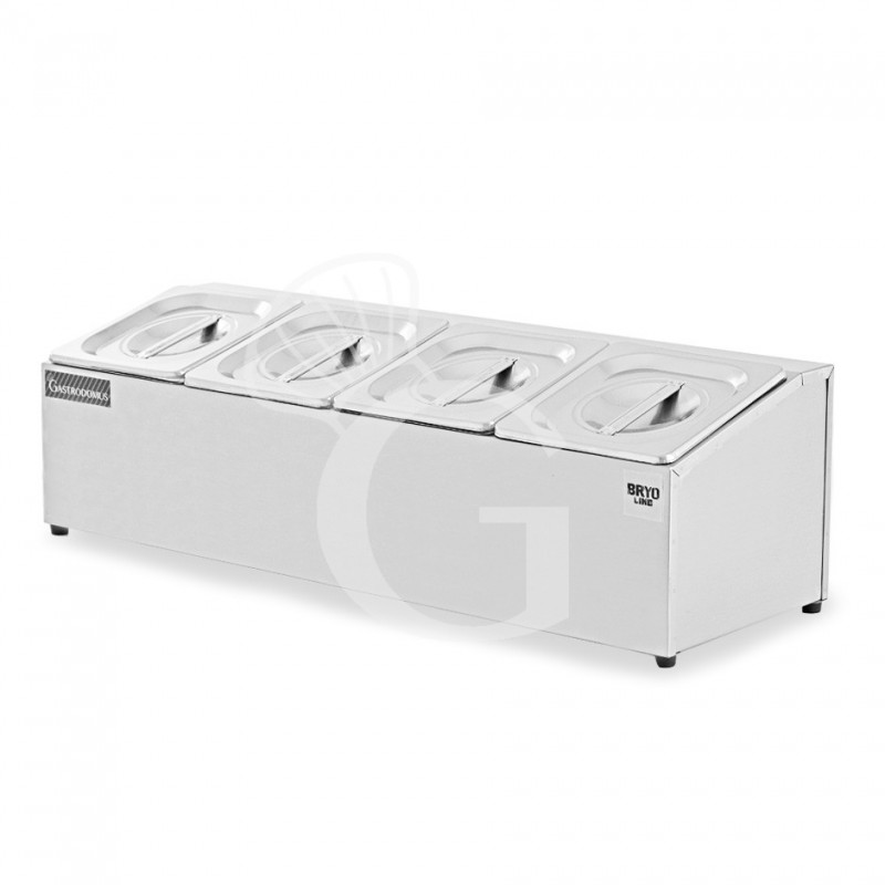 Espositore in acciaio inox predisposto per 4 bacinelle GN1/6 - dimensioni L 665 mm x P 225 mm x H 200 mm