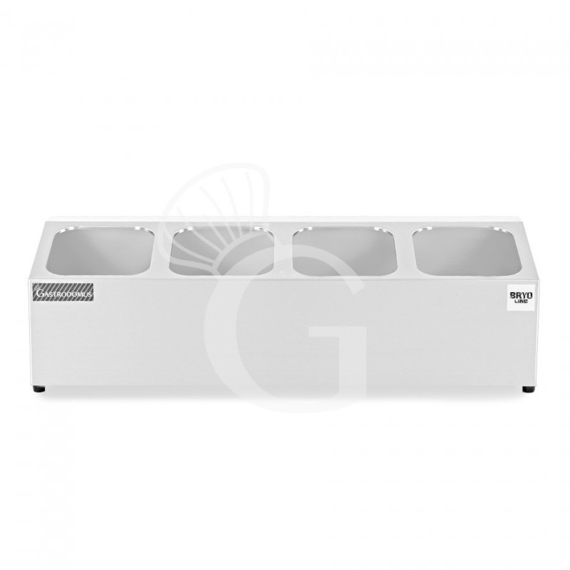 Espositore in acciaio inox predisposto per 4 bacinelle GN1/6 - dimensioni L 665 mm x P 225 mm x H 200 mm