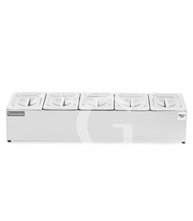 Espositore in acciaio inox predisposto per 5 bacinelle GN1/6 - dimensioni L 830 mm x P 225 mm x H 200 mm