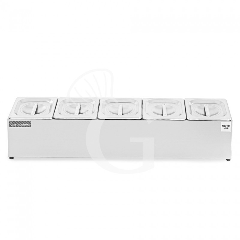 Espositore in acciaio inox predisposto per 5 bacinelle GN1/6 - dimensioni L 830 mm x P 225 mm x H 200 mm
