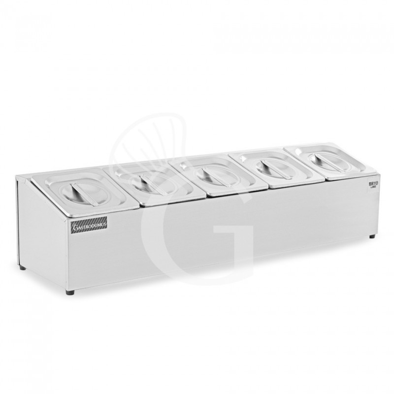 Espositore in acciaio inox predisposto per 5 bacinelle GN1/6 - dimensioni L 830 mm x P 225 mm x H 200 mm