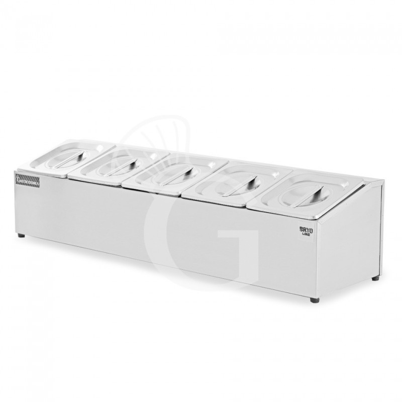 Espositore in acciaio inox predisposto per 5 bacinelle GN1/6 - dimensioni L 830 mm x P 225 mm x H 200 mm