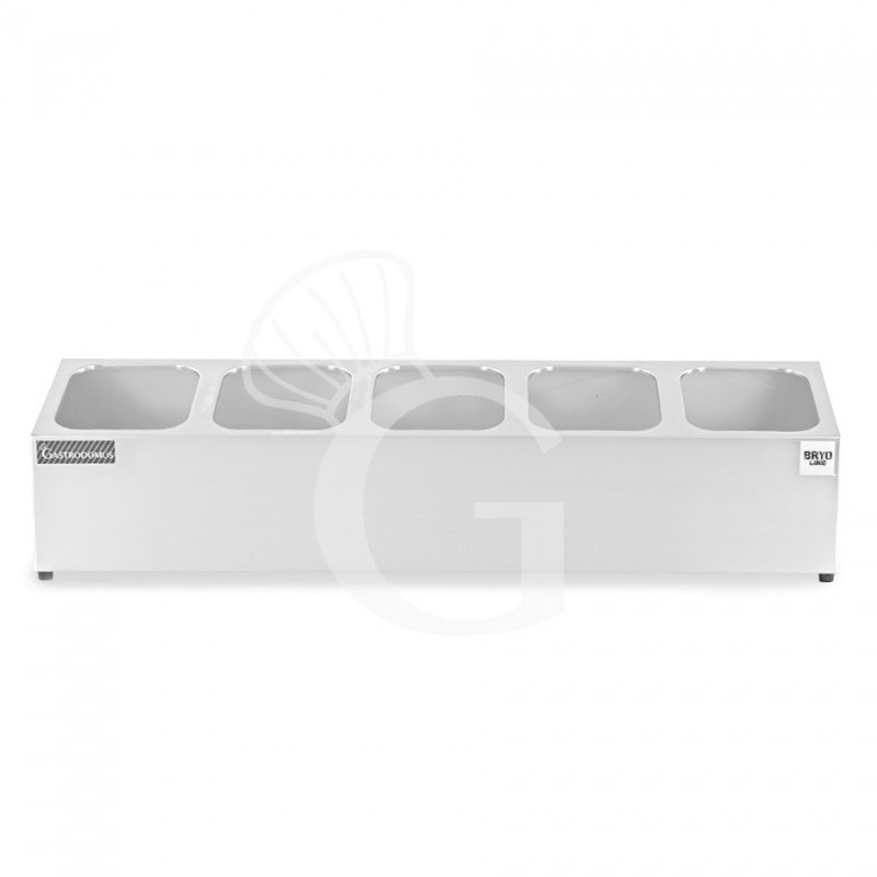 Espositore in acciaio inox predisposto per 5 bacinelle GN1/6 - dimensioni L 830 mm x P 225 mm x H 200 mm