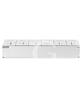 Espositore in acciaio inox predisposto per 6 bacinelle GN1/6 - dimensioni L 995 mm x P 225 mm x H 200 mm