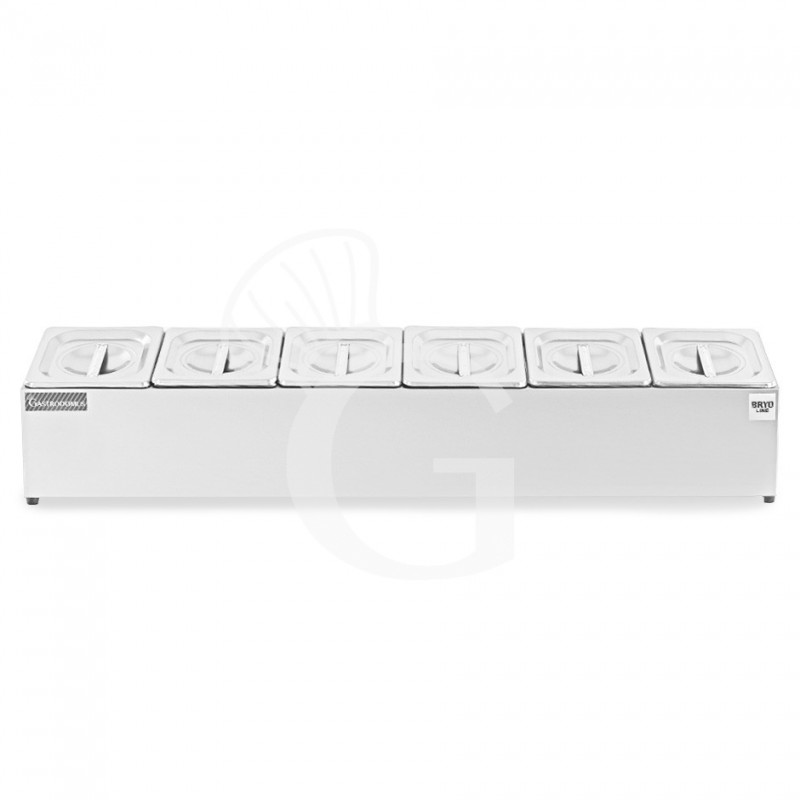 Espositore in acciaio inox predisposto per 6 bacinelle GN1/6 - dimensioni L 995 mm x P 225 mm x H 200 mm Espositore in acciaio inox predisposto per 6 bacinelle GN1/6 - dimensioni L 995 mm x P 225 mm x H 200 mm