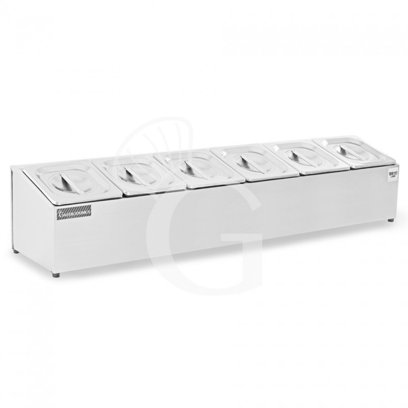 Espositore in acciaio inox predisposto per 6 bacinelle GN1/6 - dimensioni L 995 mm x P 225 mm x H 200 mm