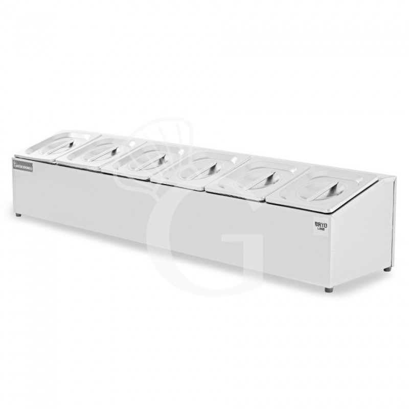Espositore in acciaio inox predisposto per 6 bacinelle GN1/6 - dimensioni L 995 mm x P 225 mm x H 200 mm