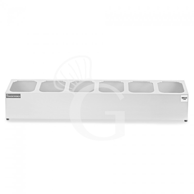 Espositore in acciaio inox predisposto per 6 bacinelle GN1/6 - dimensioni L 995 mm x P 225 mm x H 200 mm