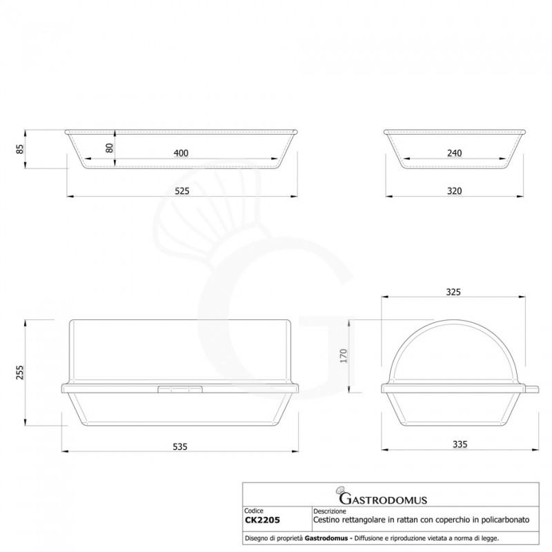 Cestino rettangolare in rattan con coperchio in policarbonato L 535 x P 335 x H 255 mm - vista frontale e laterale