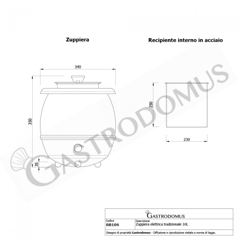 Zuppiera capacità 10 litri corpo e bollitore in acciaio inossidabile Ø 340 mm x 350 mm